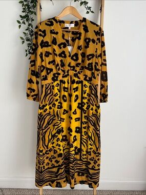 Vanessa Williams Yellow High Waist Midi Animal Print Garden Party Dress Size L